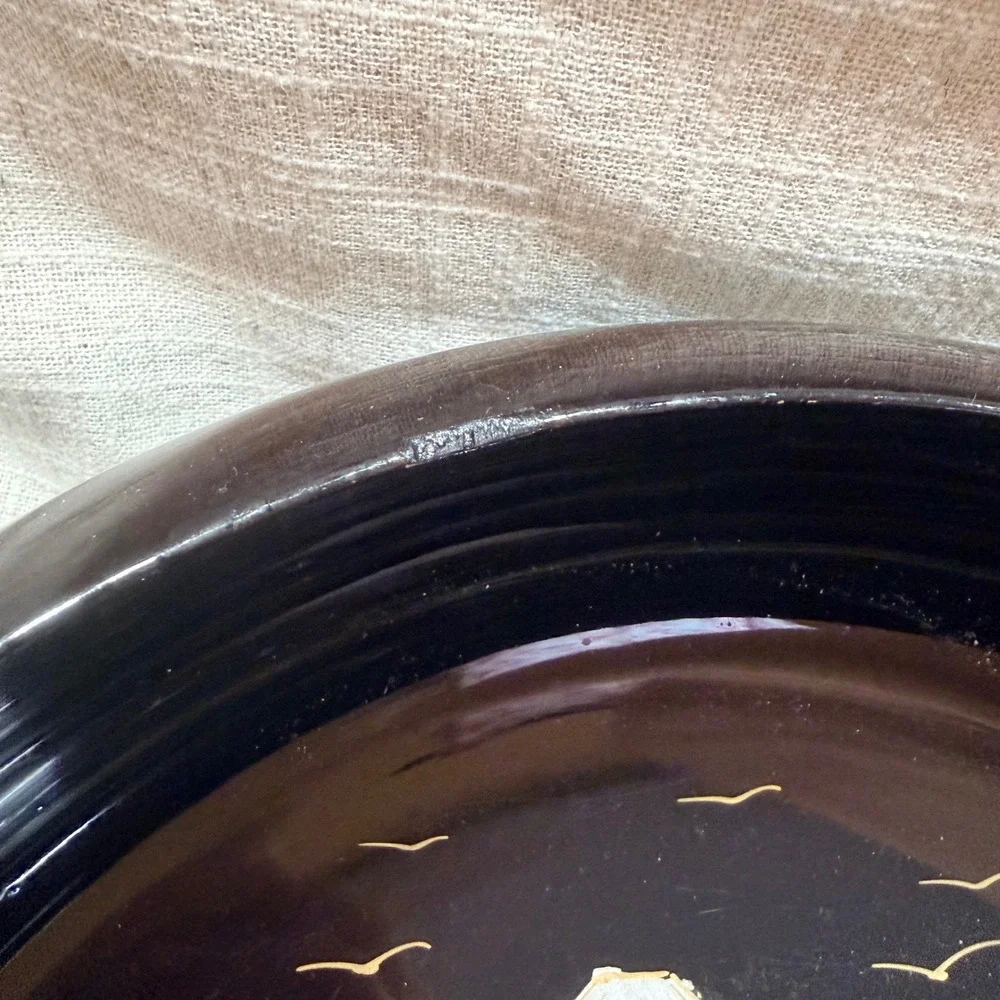 Vintage Japanese Black‎ Lacquerware Bowl Set 7pc Mt Fuji Pagoda Gold Landscape